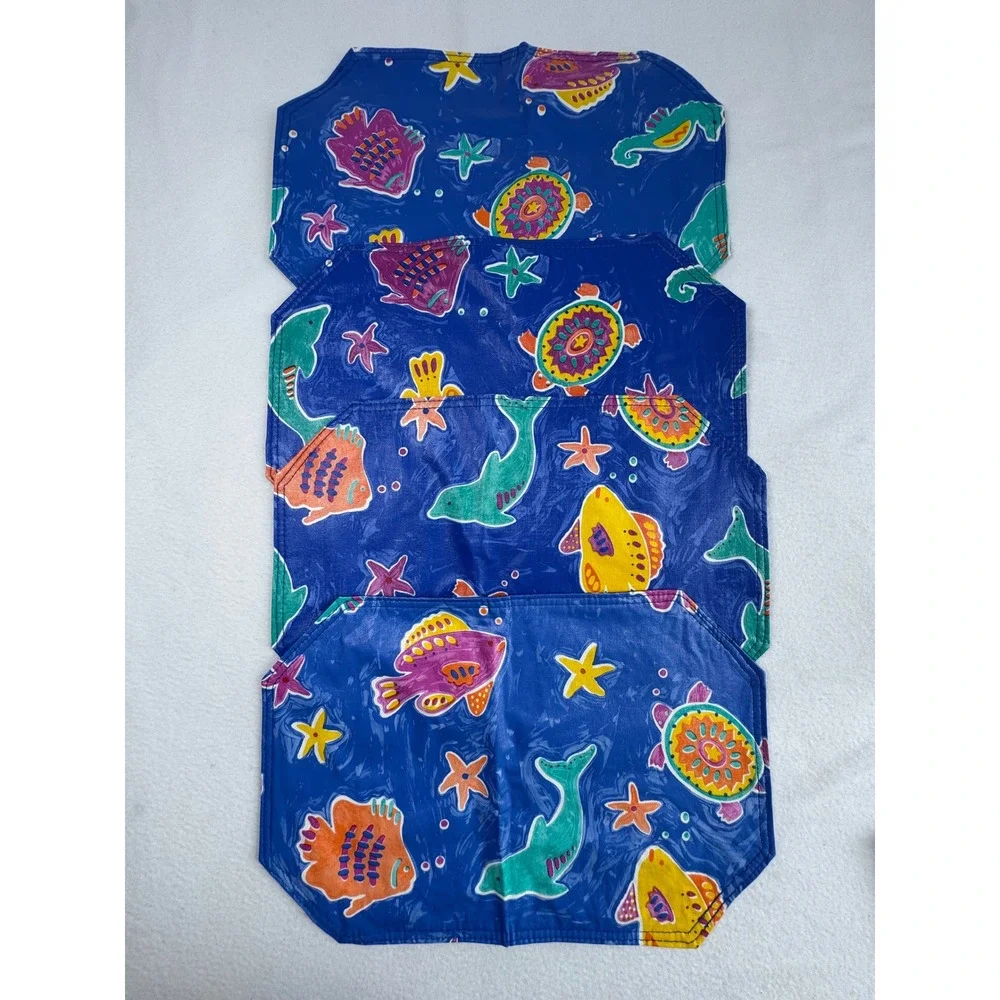 Coastal Sea Life Placemat Set Blue Ocean Fish Sea Turtle Wipeable Vinyl 4pc